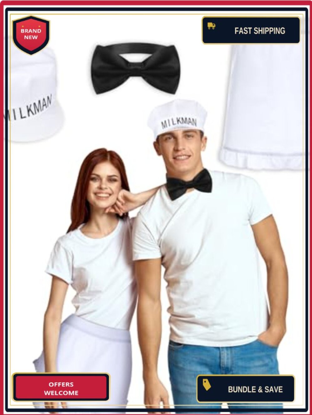 Milkman Costume Set Hat Bow Tie Apron Adult Halloween 3 Pc